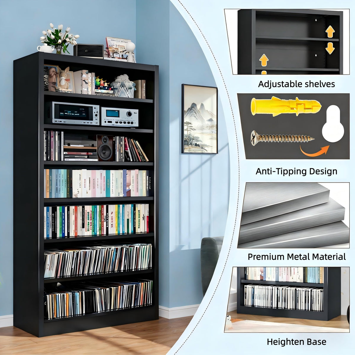 Black 7 Tier Metal Media Storage Cabinet Q427