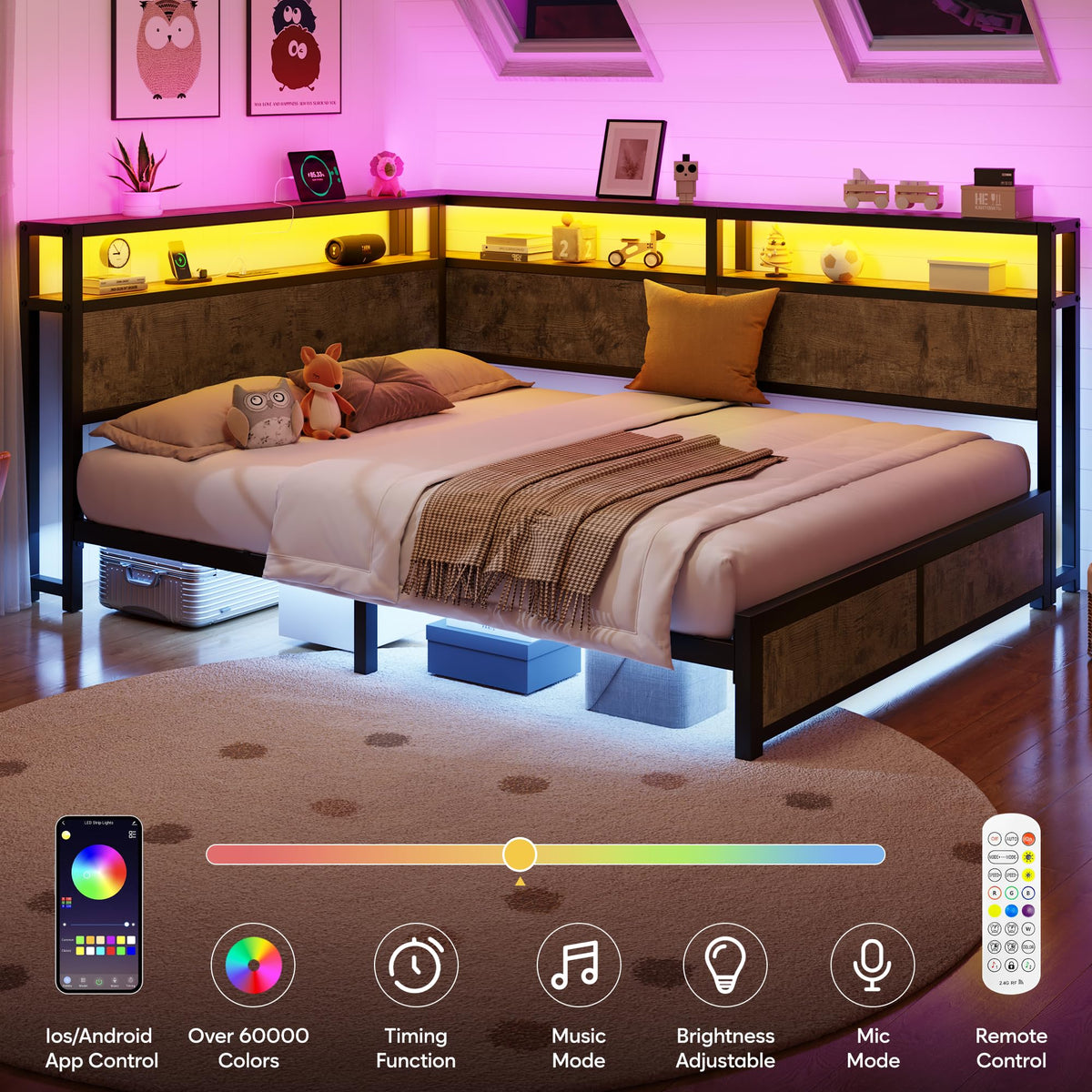Queen Corner Bed Frame with Storage Headboard and Charging Station M38597