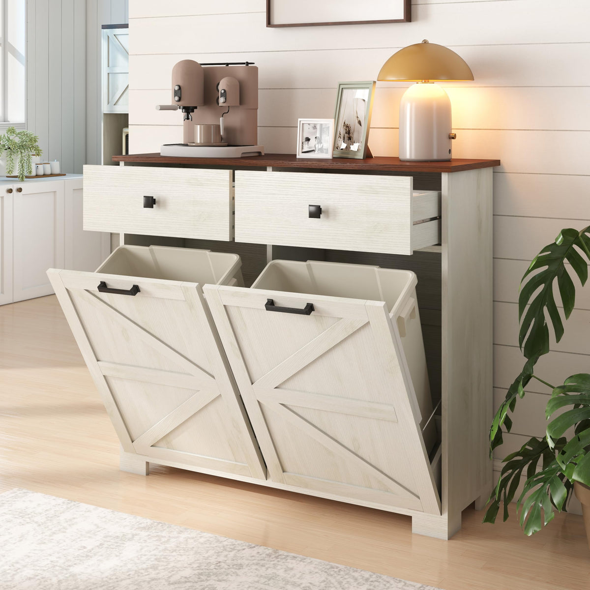 Antique White Wooden Tilt Out Trash Cabinet with 2 Storage Drawers U983
