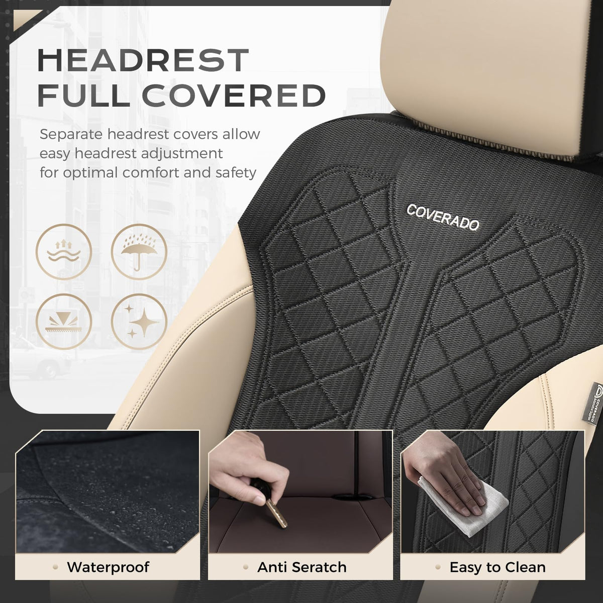 Beige 5-Piece PU Leather Mesh Car Seat Covers V2991