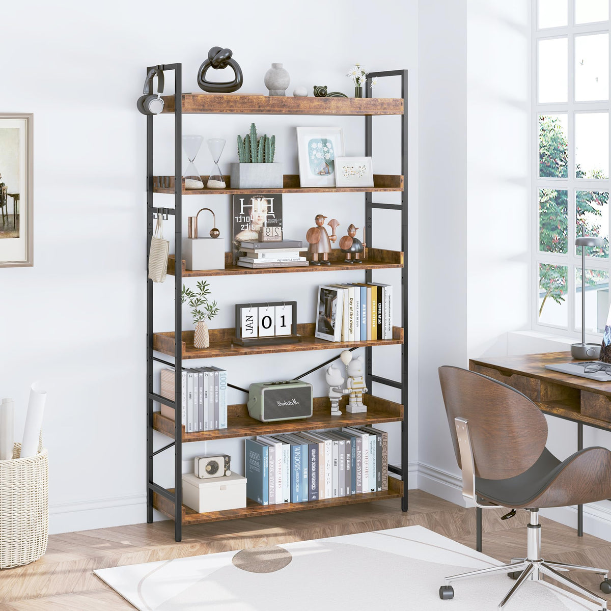 Adjustable 6-Tier Wood and Black Metal Bookshelf Z6136