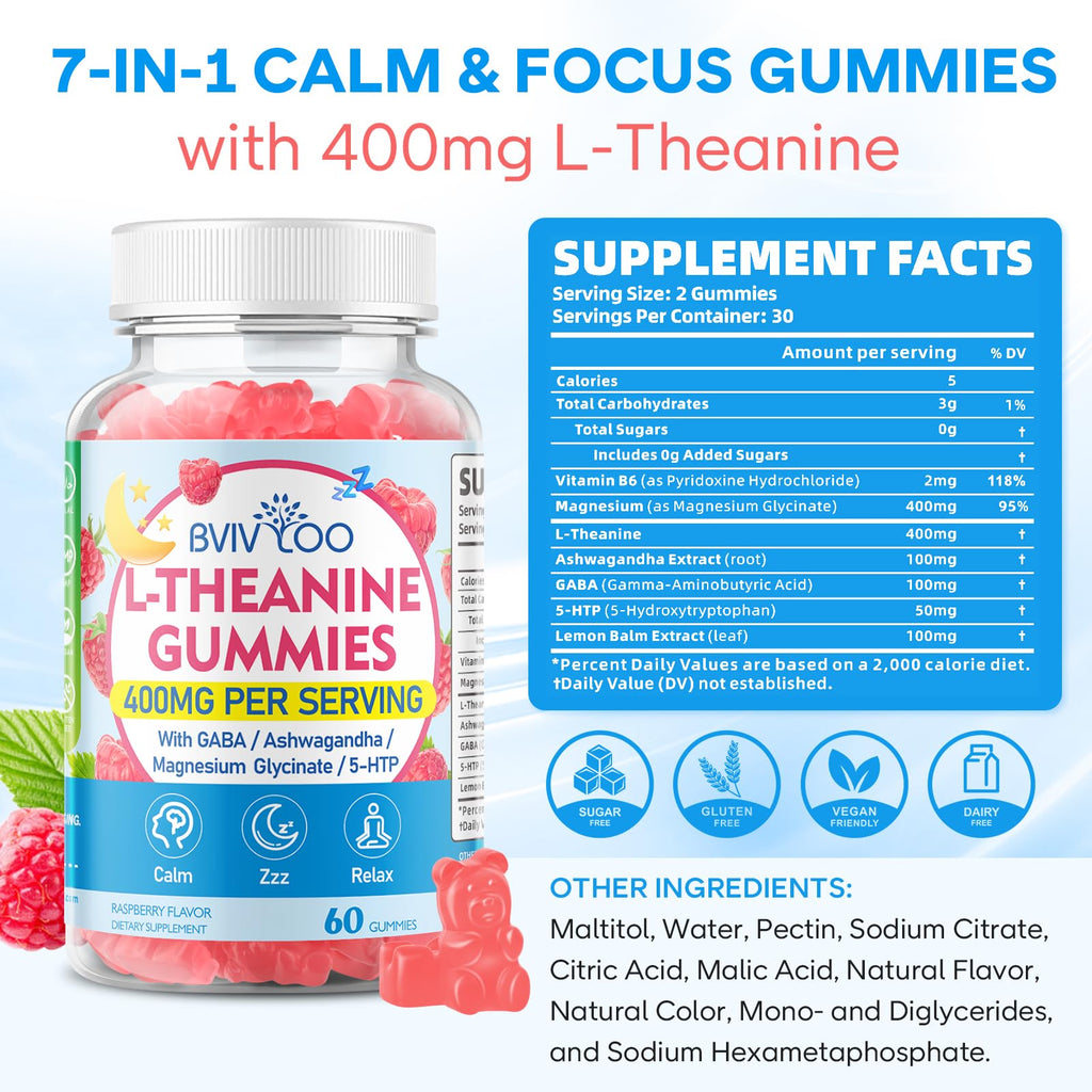 L-Theanine Gummies with Ashwagandha, GABA, 5-HTP, Magnesium Glycinate, Raspberry, 60 Count R93178