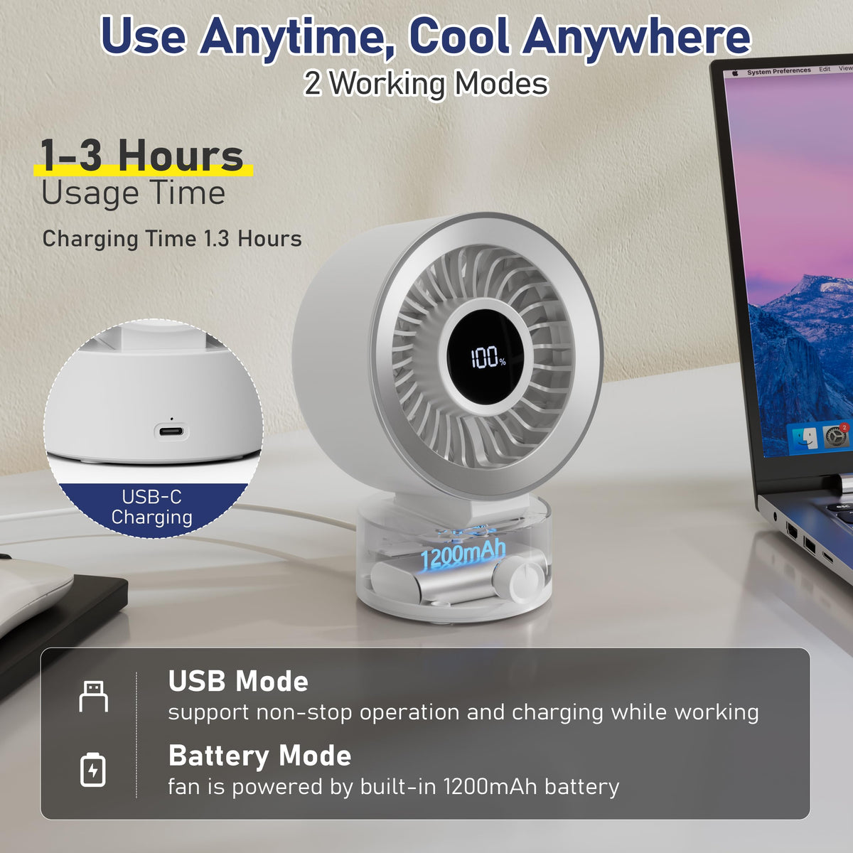 White Rechargeable Desk Fan with 1200mAh Battery B54242