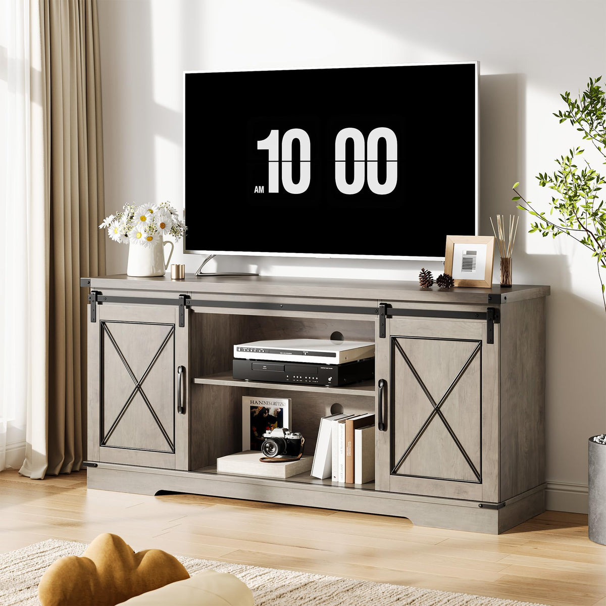 Farmhouse TV Stand with Sliding Barn Doors and Storage Cabinets, Grey N7697