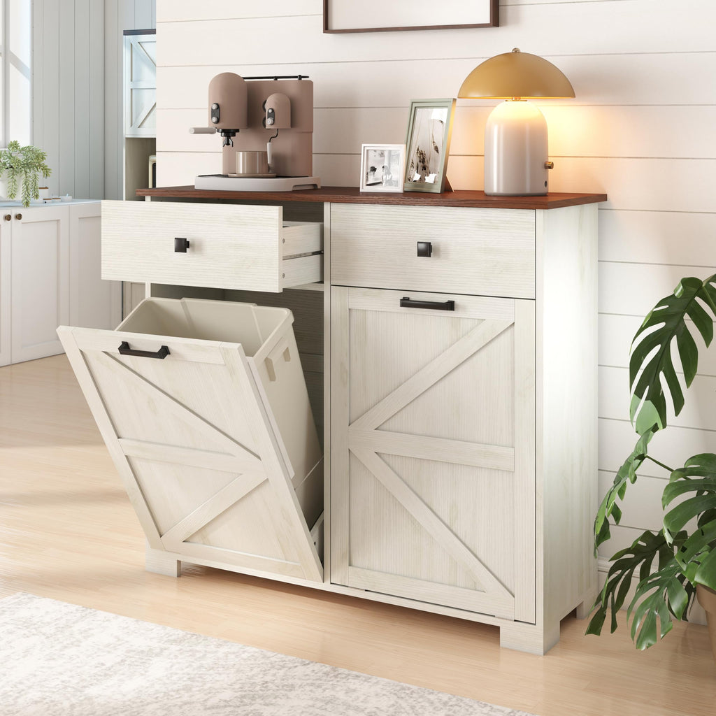 Antique White Wooden Tilt Out Trash Cabinet with 2 Storage Drawers U983