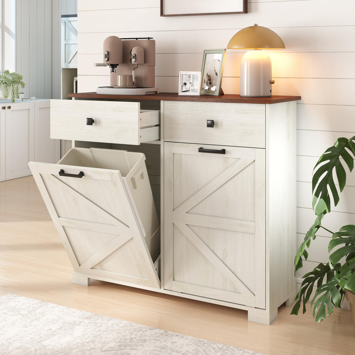 Antique White Wooden Tilt Out Trash Cabinet with 2 Storage Drawers U983
