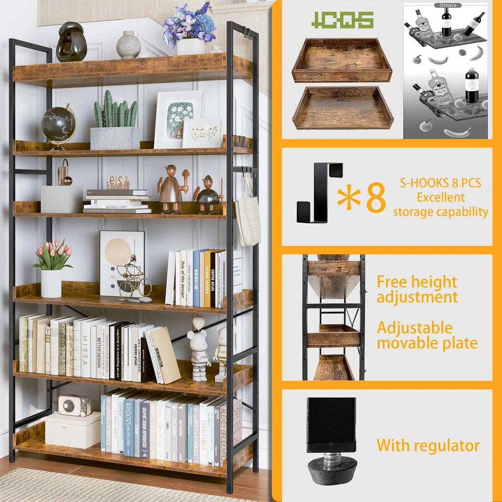 Adjustable 6-Tier Wood and Black Metal Bookshelf Z6136