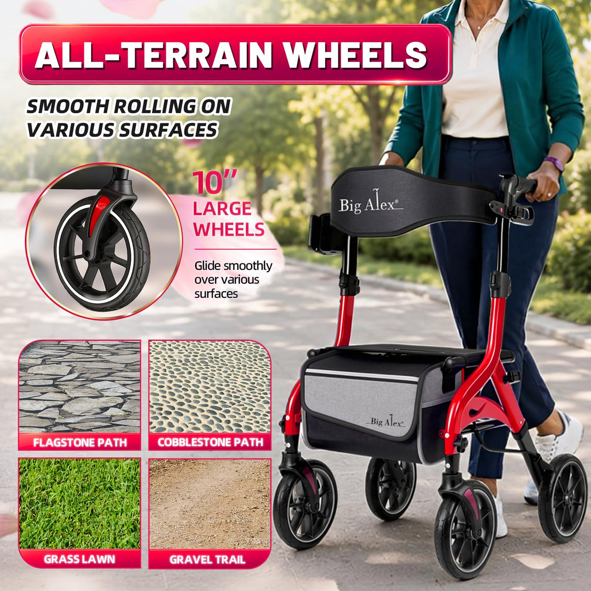 Foldable Red Rollator Walker with Seat O872
