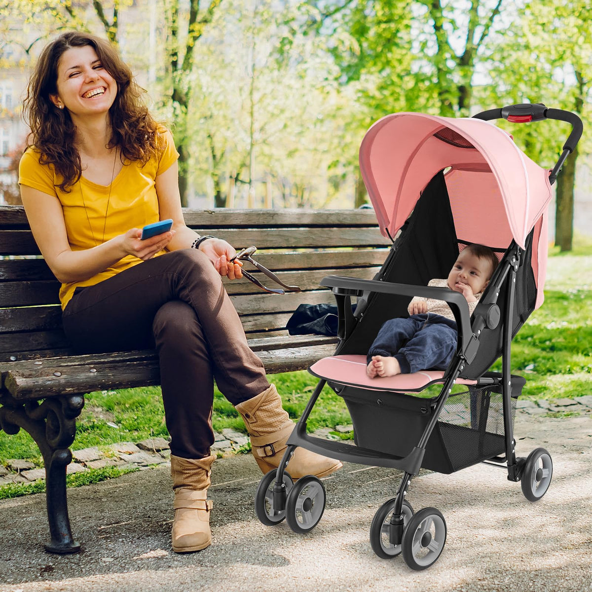 Lightweight Compact Fold Stroller with Canopy & Storage Basket, Pink G7263