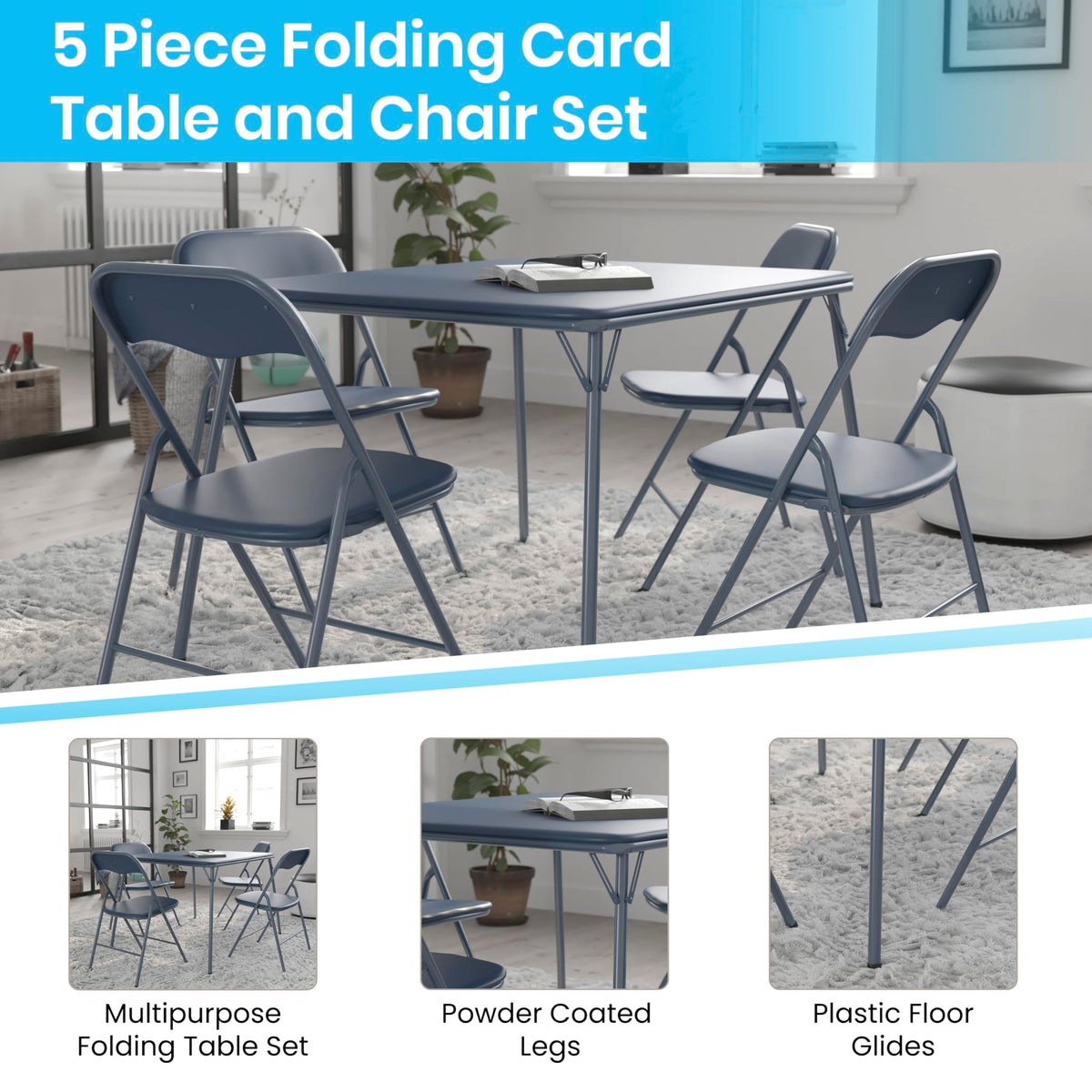 Navy Square Folding Card Table and Chairs Set E5673