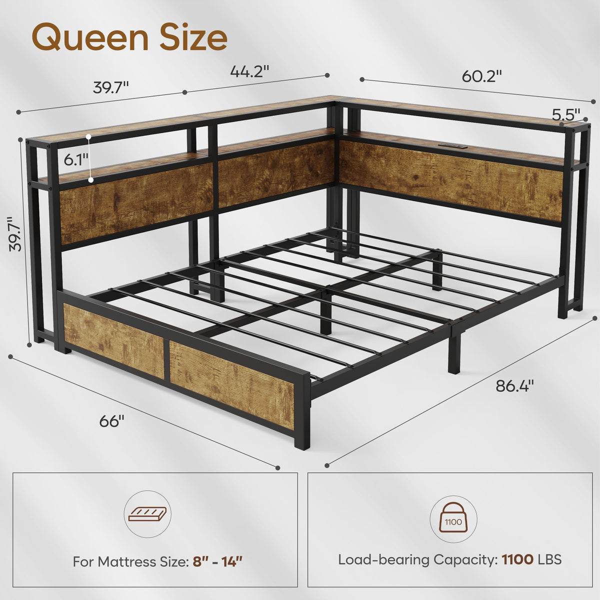 Queen Corner Bed Frame with Storage Headboard and Charging Station M38597