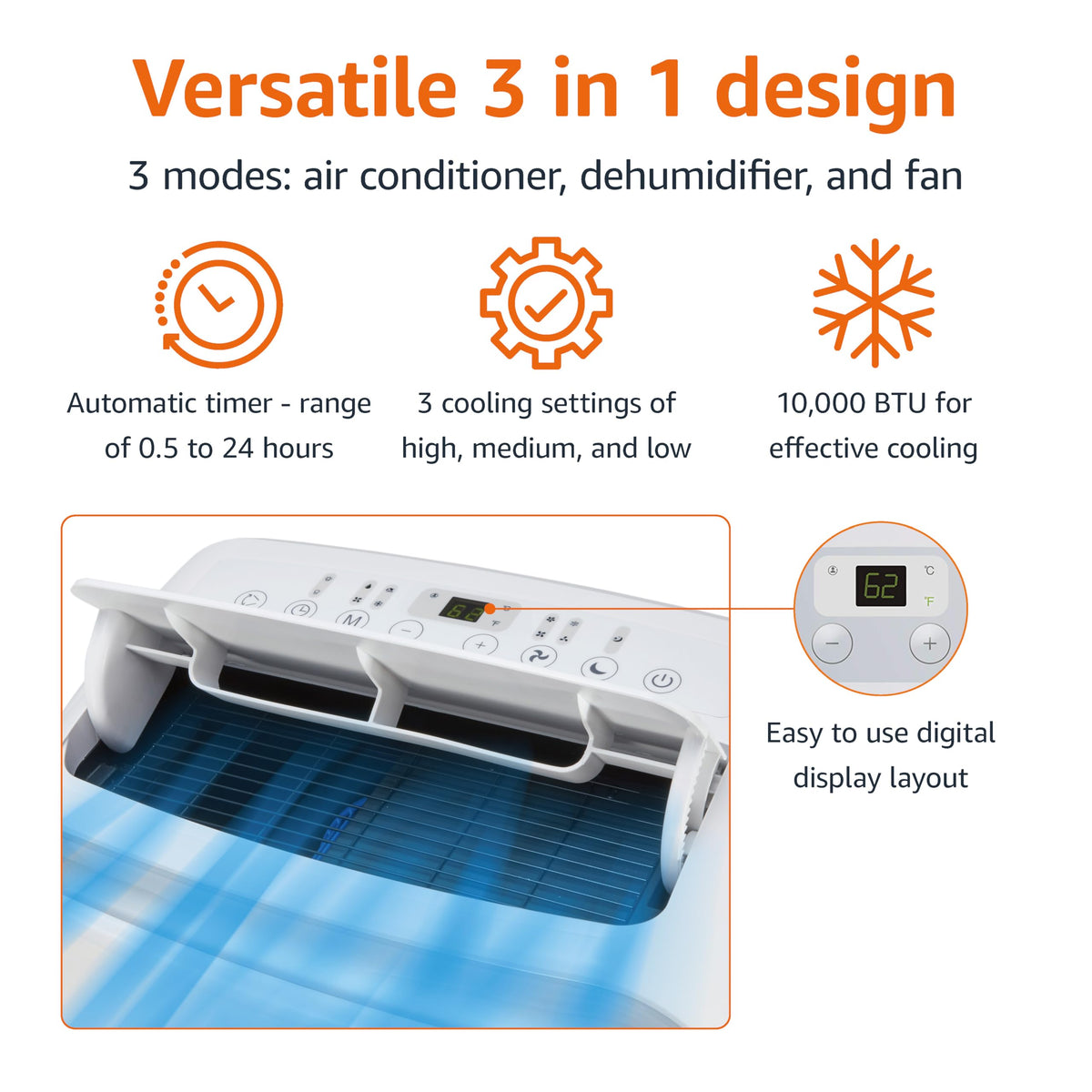 3-In-1 Portable Air Conditioner with Remote, 10000 BTU, White J4239