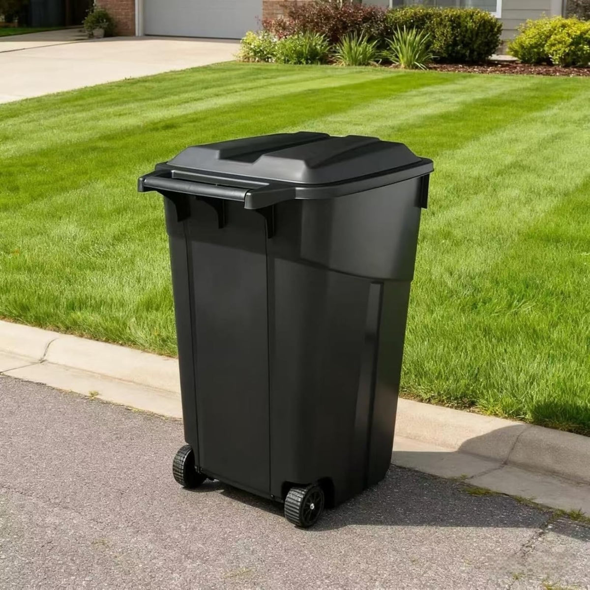 Black 45 Gallon Wheeled Heavy Duty Plastic Trash Can with Lid M14657