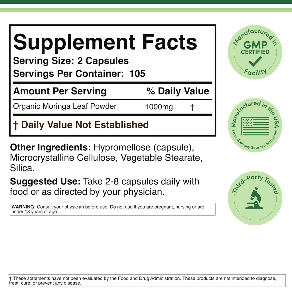 Organic Moringa Leaf 1,000mg 210 Capsules H7306