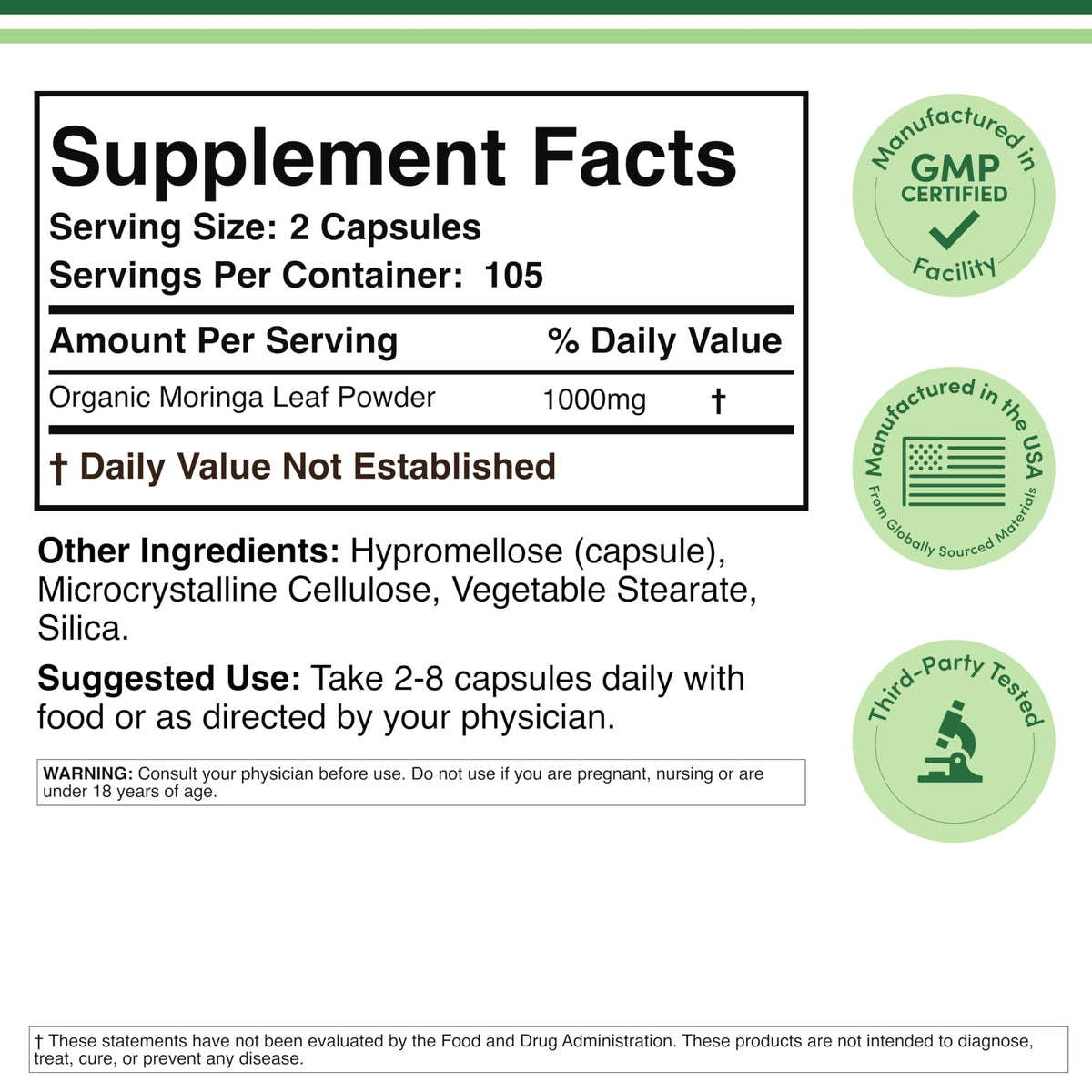 Organic Moringa Leaf 1,000mg 210 Capsules H7306