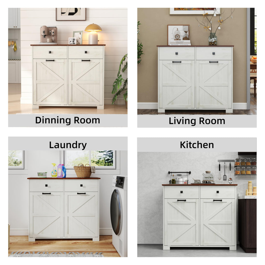 Antique White Wooden Tilt Out Trash Cabinet with 2 Storage Drawers U983