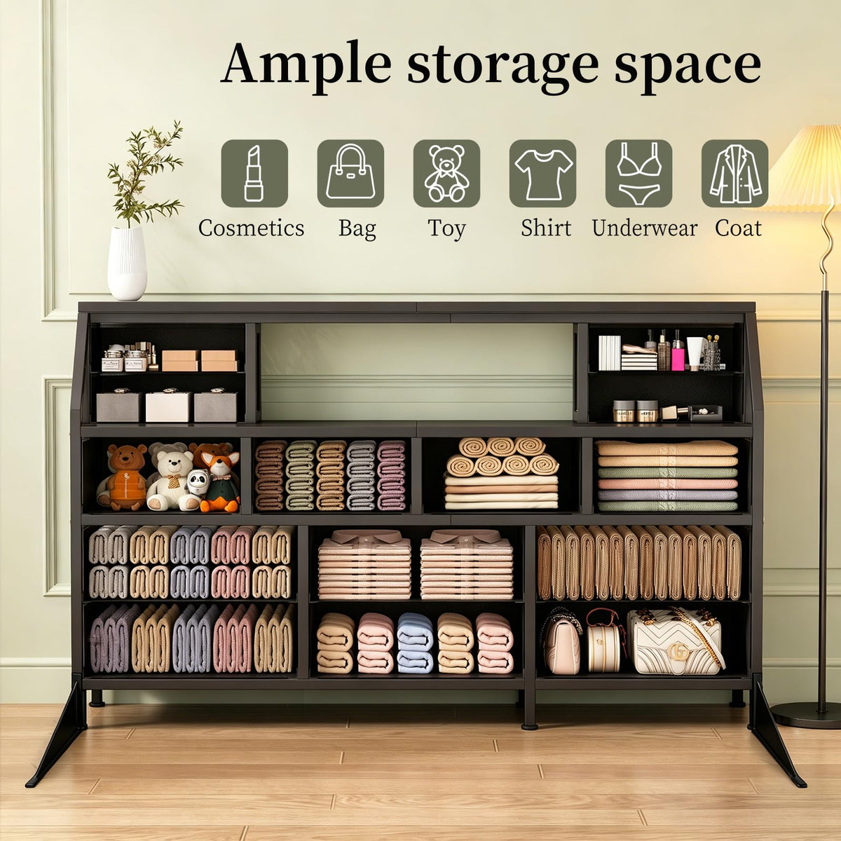 55" Black 14 Drawer Fabric Dresser with Open Shelf P1671