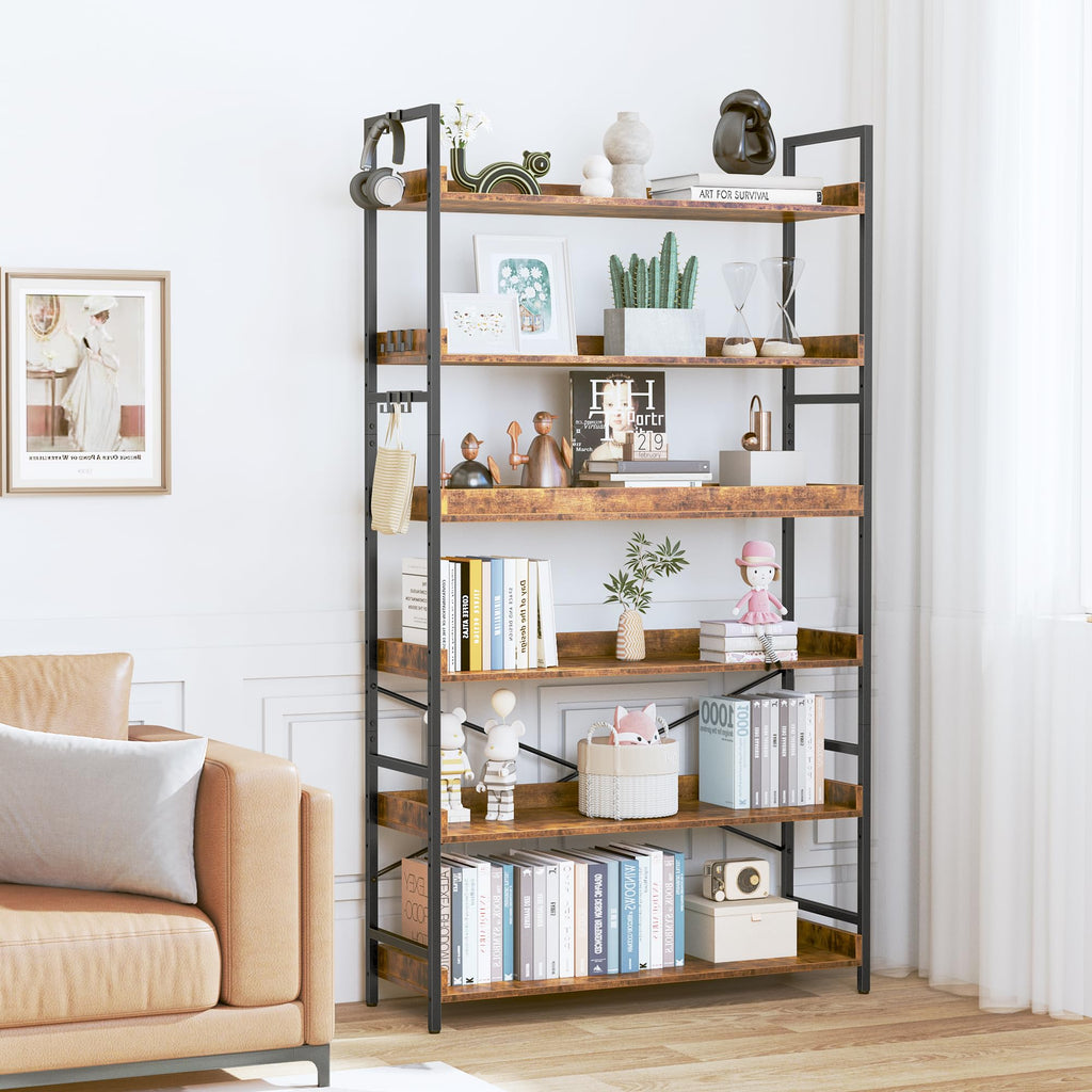 Adjustable 6-Tier Wood and Black Metal Bookshelf Z6136