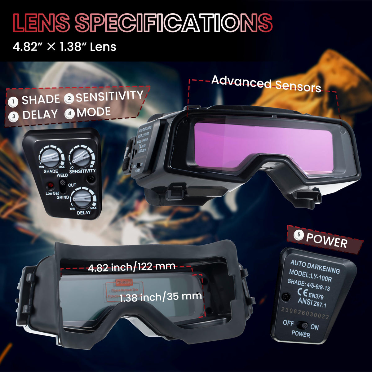 Auto Darkening Welding Goggles with Welder Mask and 10 Replacement Lenses W251