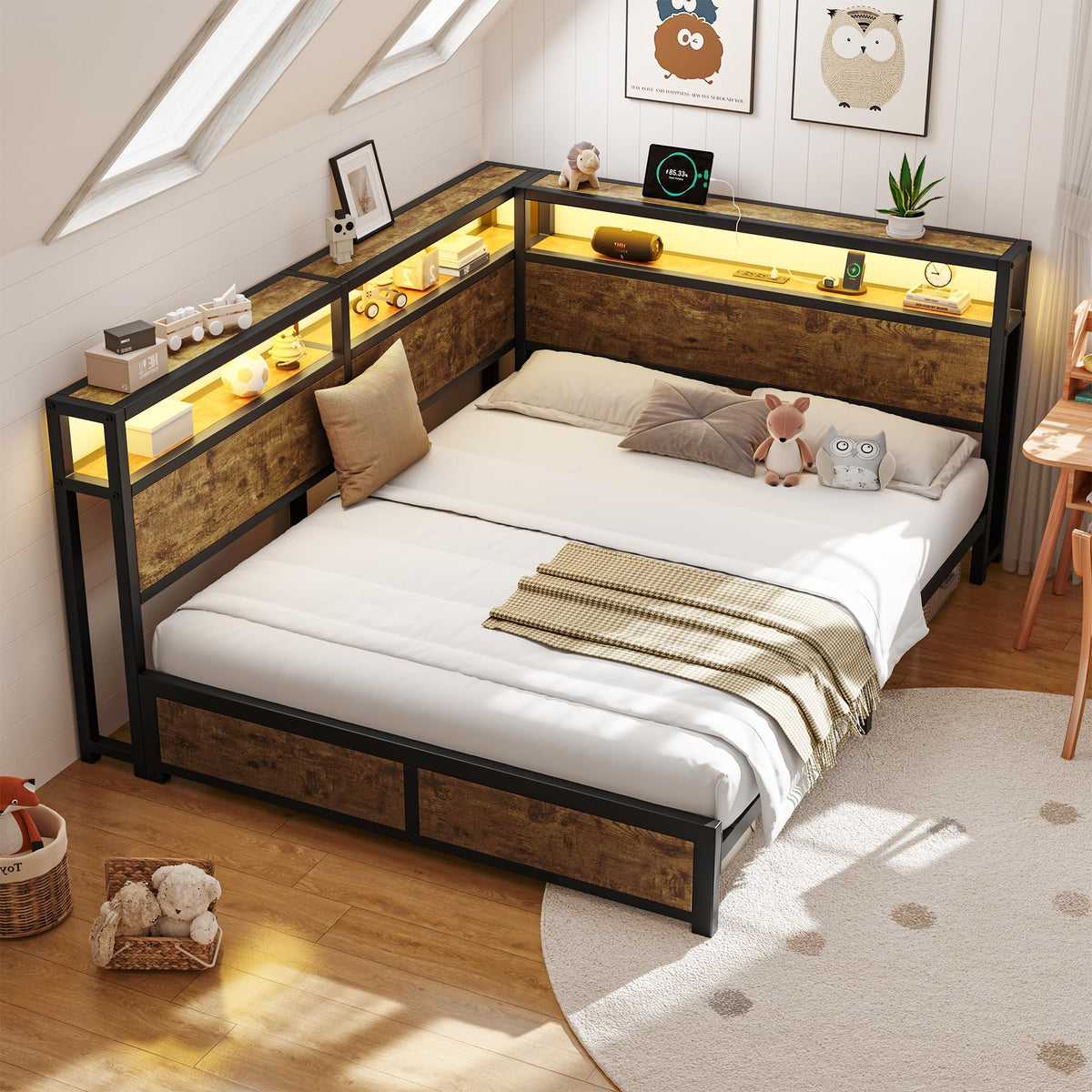 Queen Corner Bed Frame with Storage Headboard and Charging Station M38597
