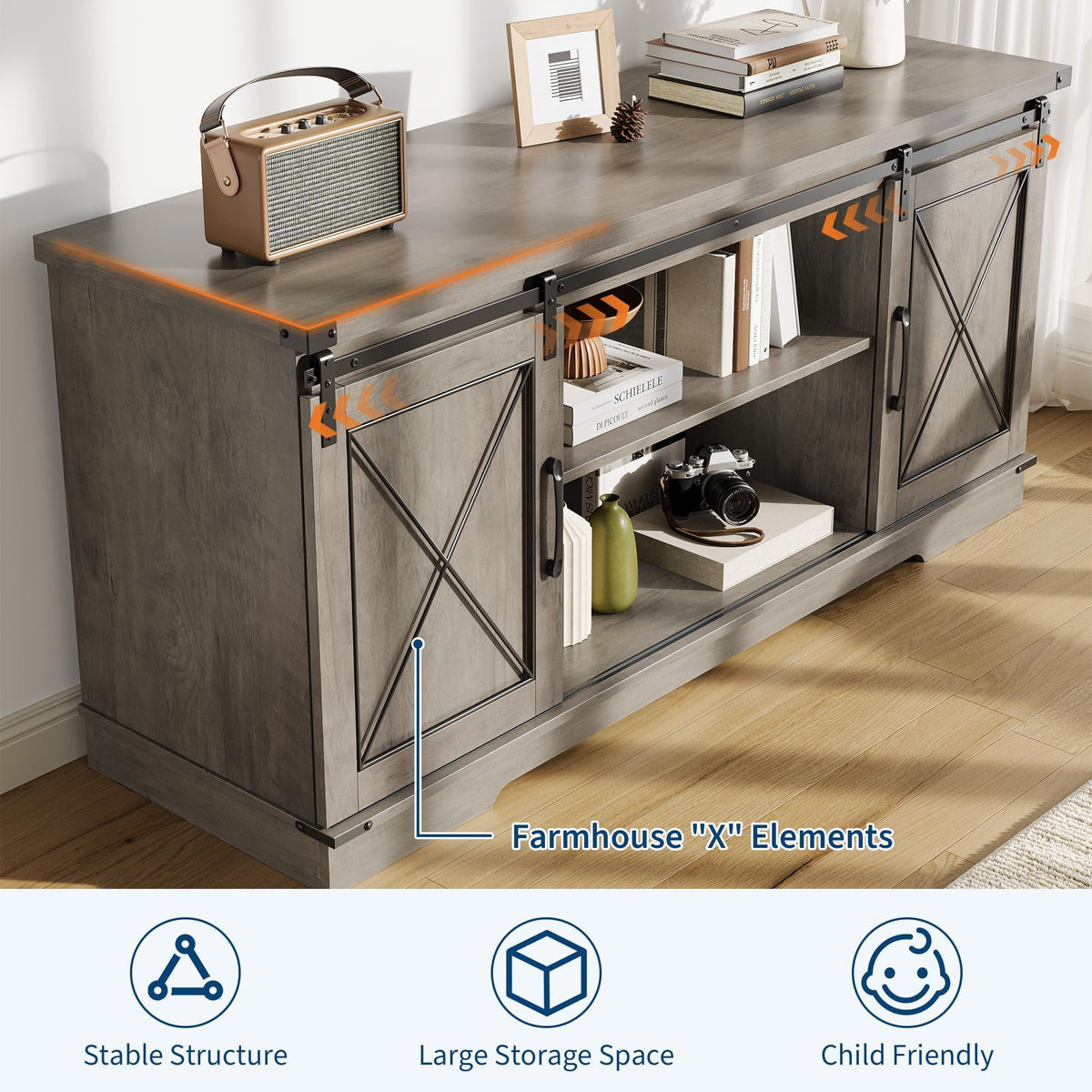 Farmhouse TV Stand with Sliding Barn Doors and Storage Cabinets, Grey N7697