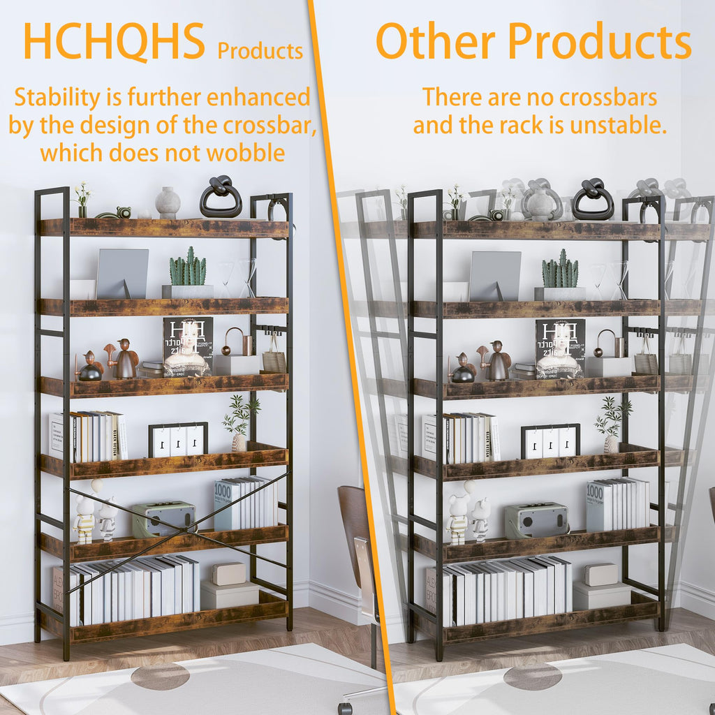 Adjustable 6-Tier Wood and Black Metal Bookshelf Z6136