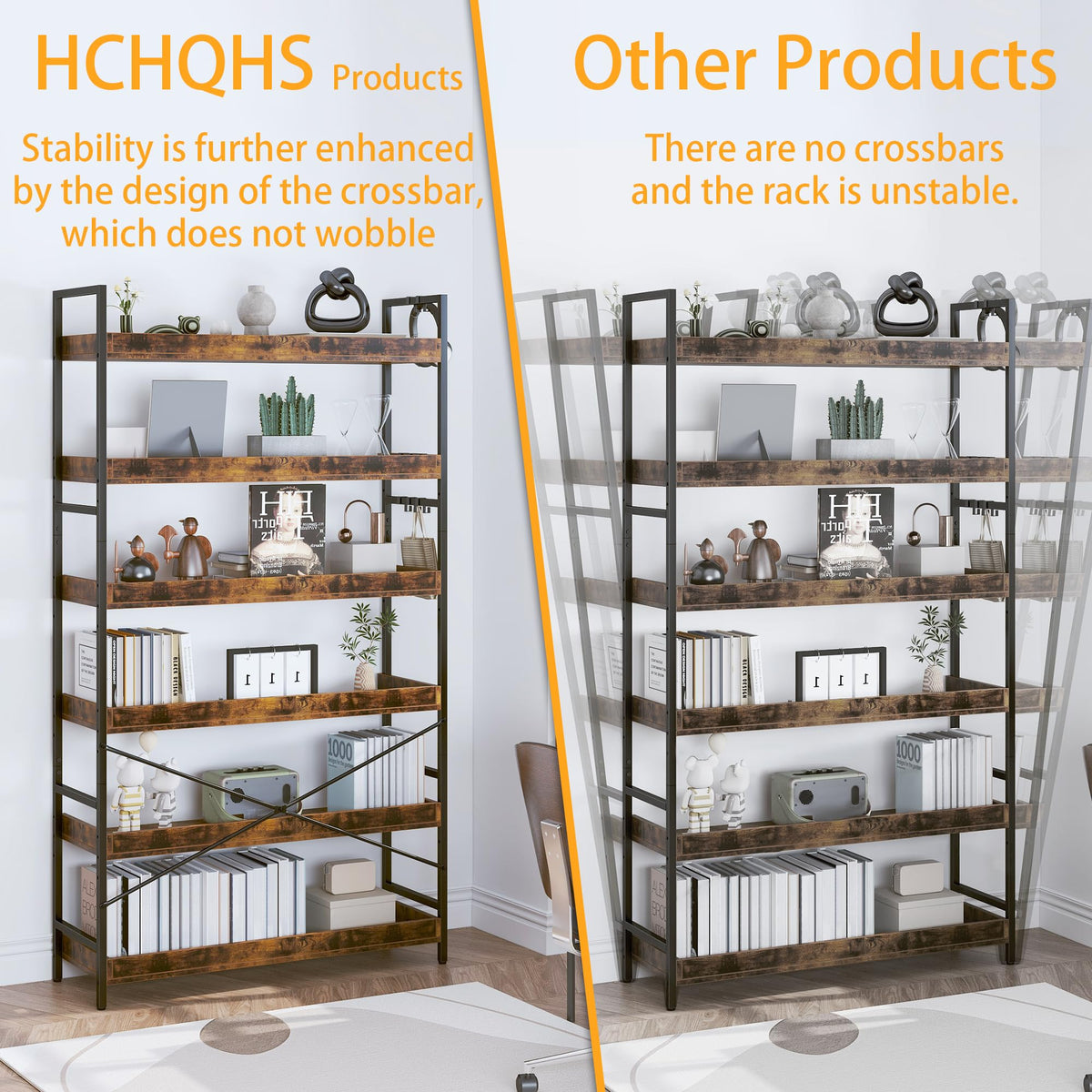 Adjustable 6-Tier Wood and Black Metal Bookshelf Z6136