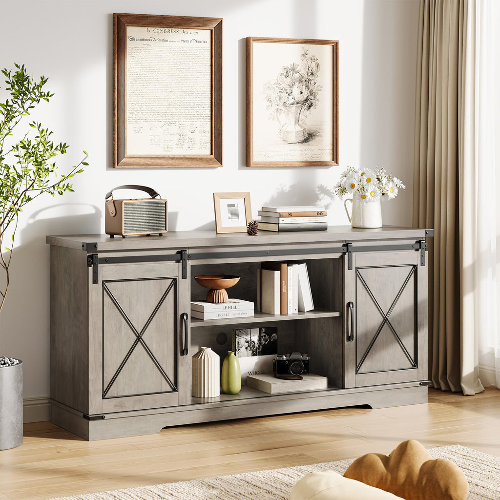 Farmhouse TV Stand with Sliding Barn Doors and Storage Cabinets, Grey N7697