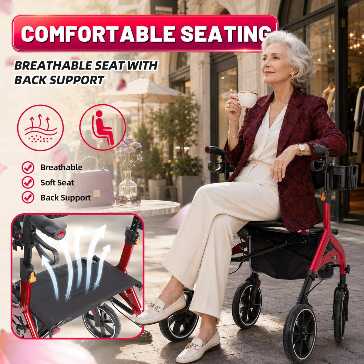 Foldable Red Rollator Walker with Seat O872