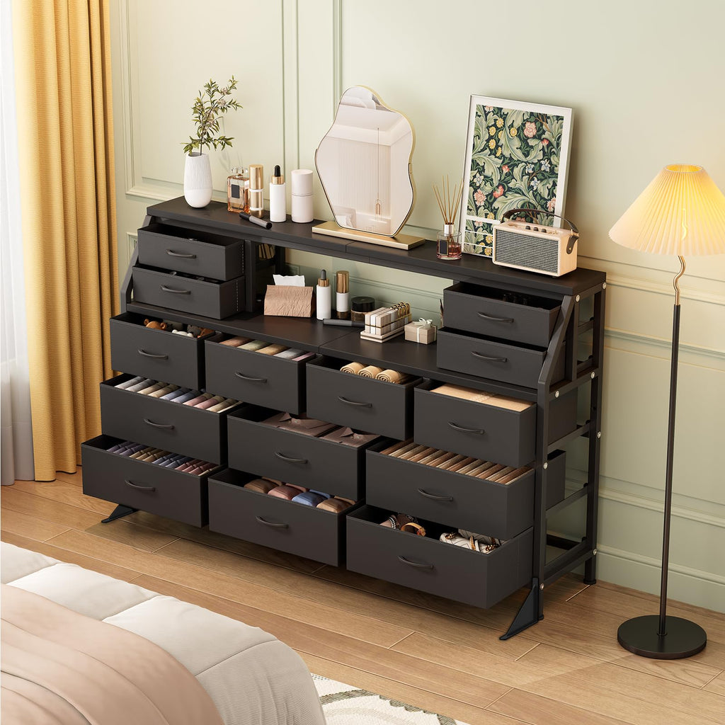 55" Black 14 Drawer Fabric Dresser with Open Shelf P1671