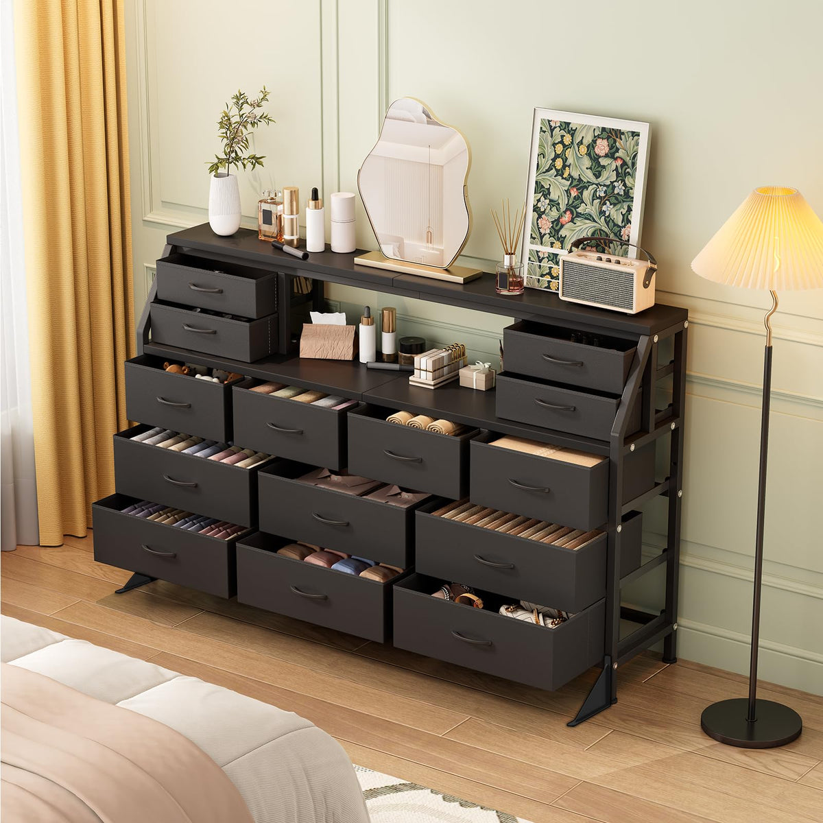 55" Black 14 Drawer Fabric Dresser with Open Shelf P1671