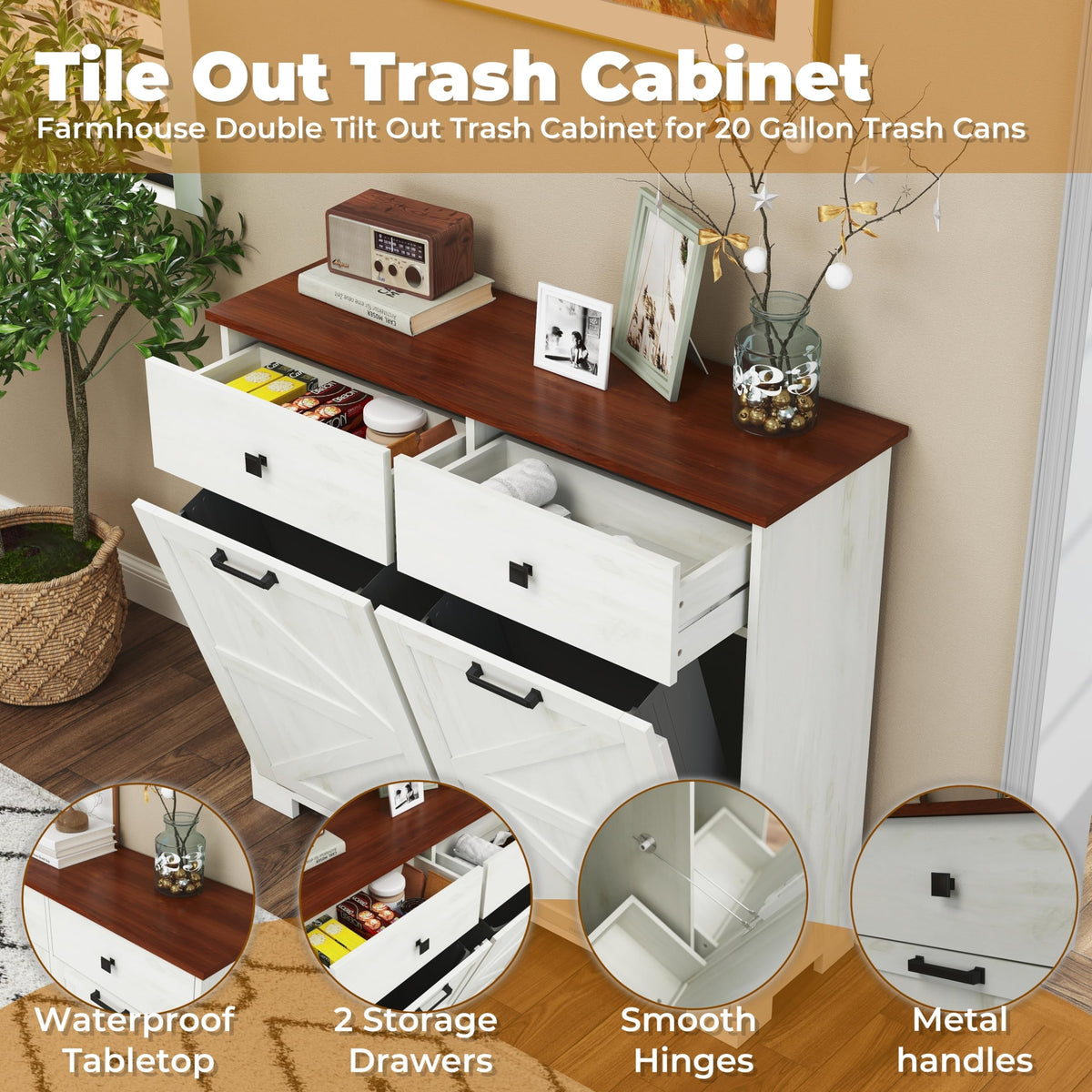 Antique White Wooden Tilt Out Trash Cabinet with 2 Storage Drawers U983