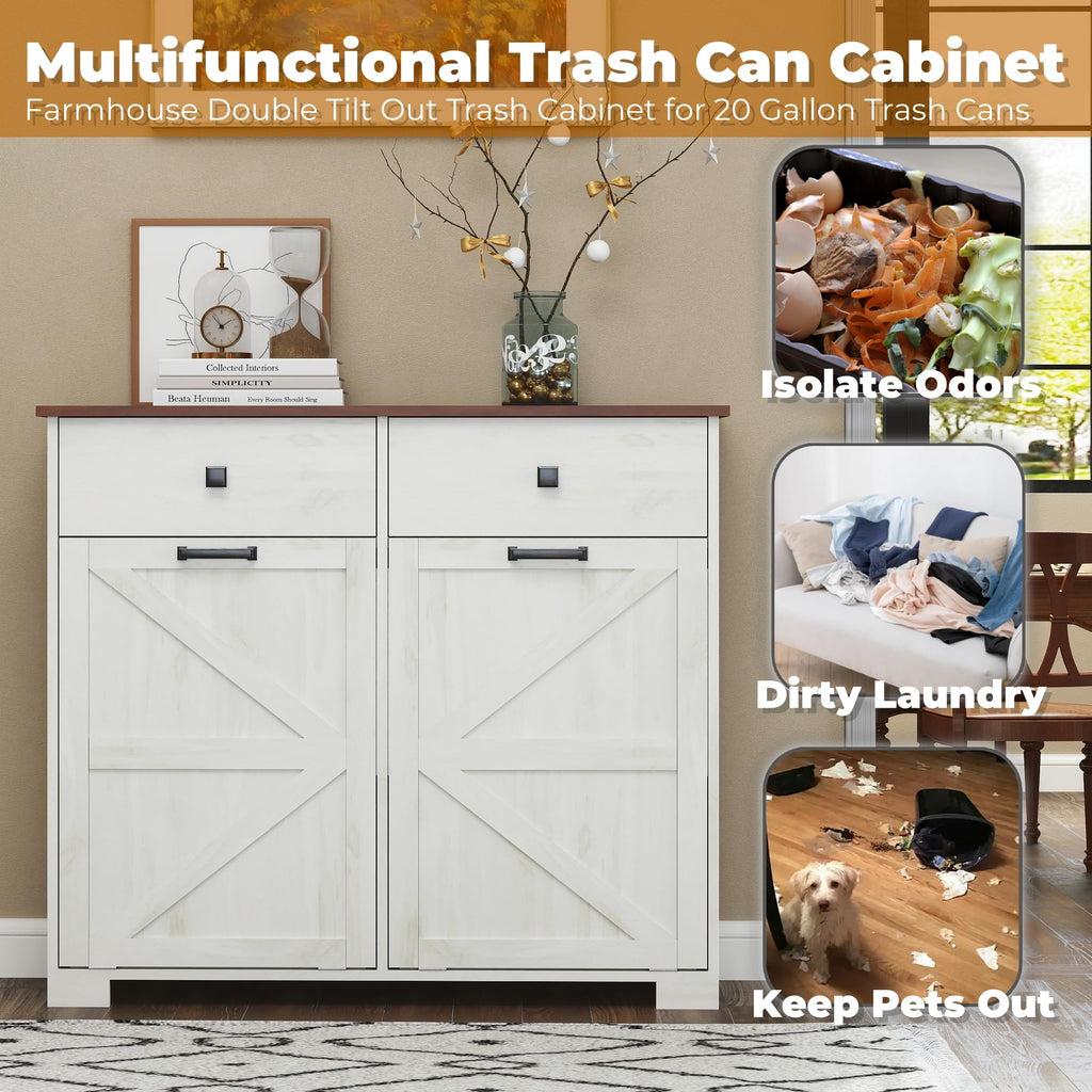 Antique White Wooden Tilt Out Trash Cabinet with 2 Storage Drawers U983