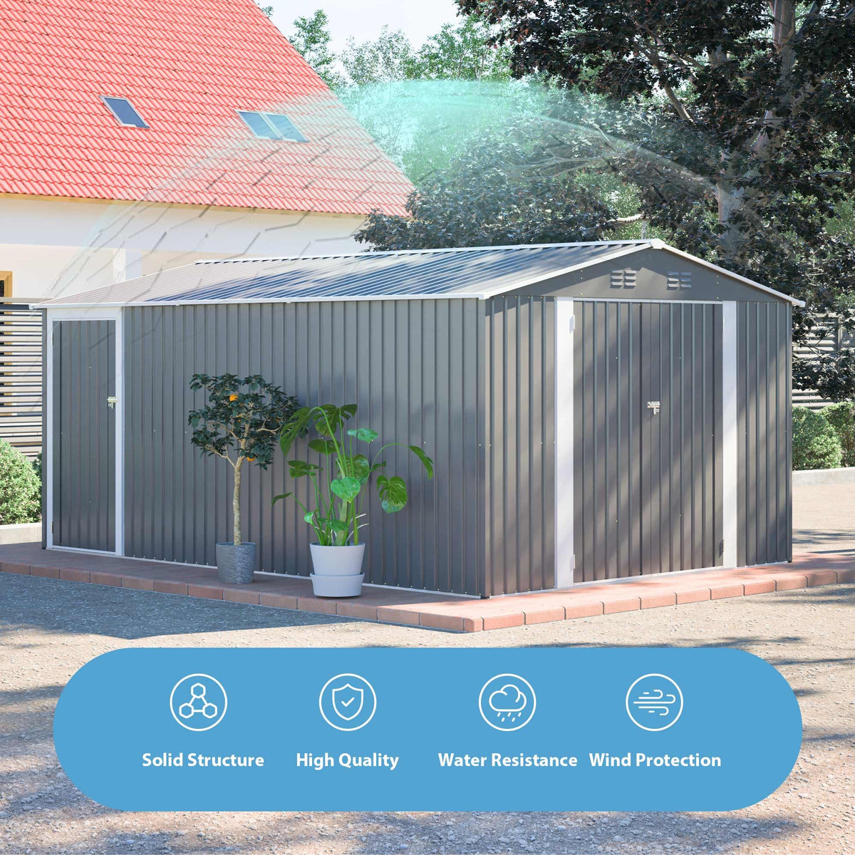 10x14 FT Light Gray Metal Storage Shed I90104